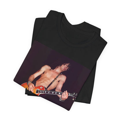 A black graphic t-shirt featuring a graphic or photo of Slash from Guns N' Roses performing live on stage.