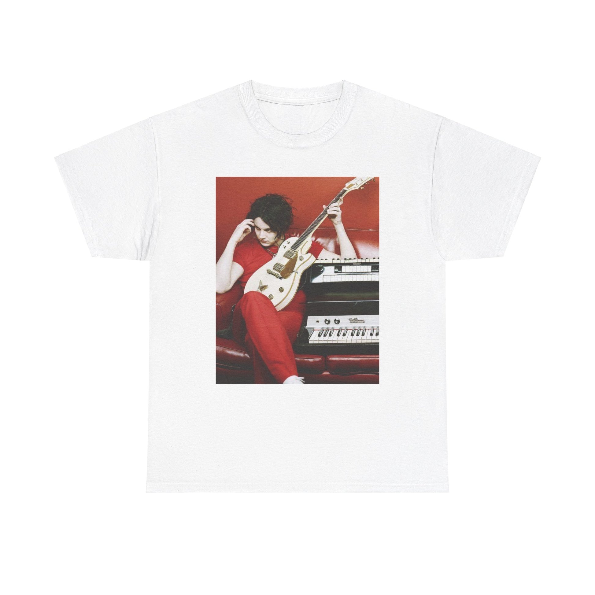 A black graphic t-shirt featuring a retro graphic of The White Stripes with a garage rock aesthetic.