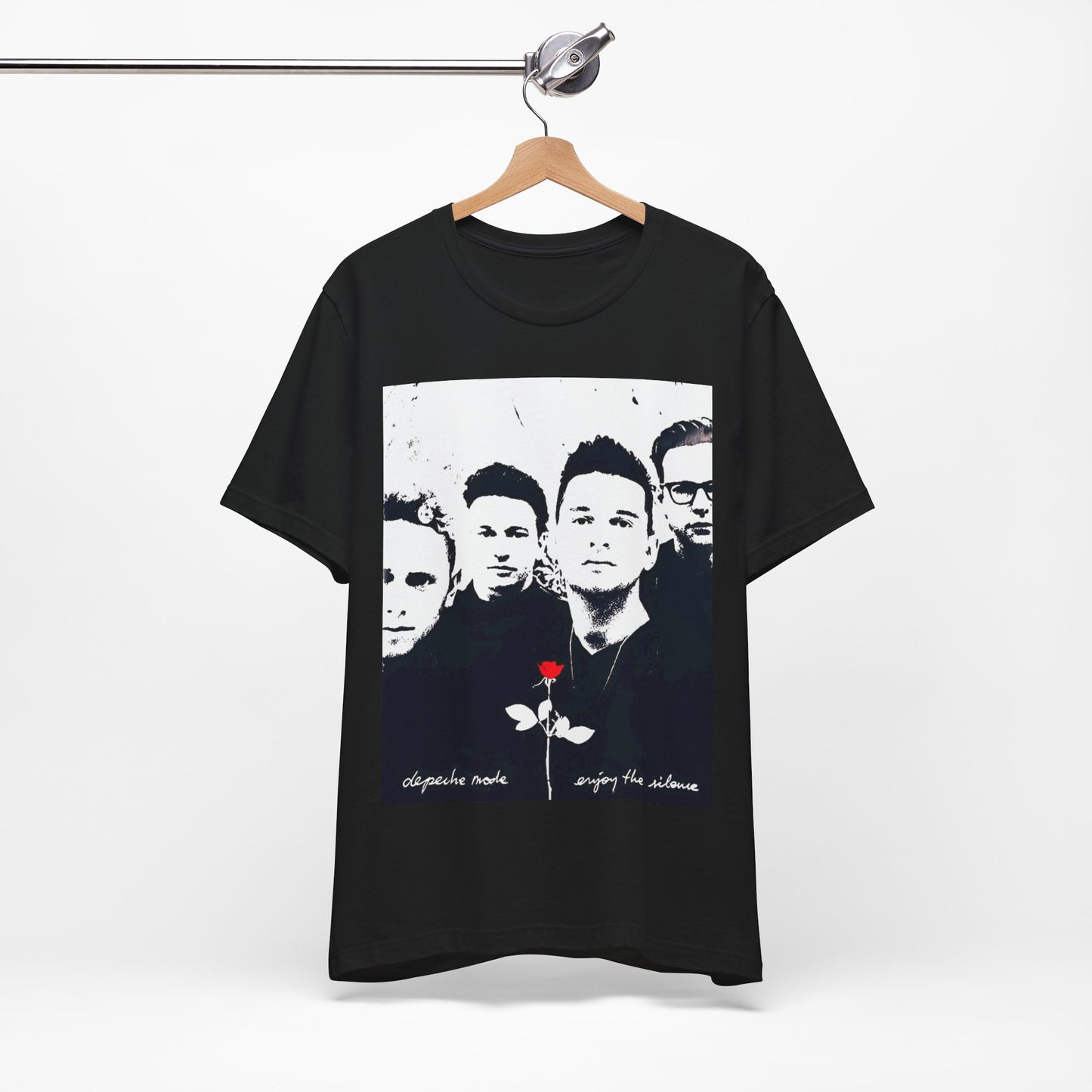 A black graphic t-shirt featuring a graphic related to Depeche Mode's 'Enjoy The Silence' era.