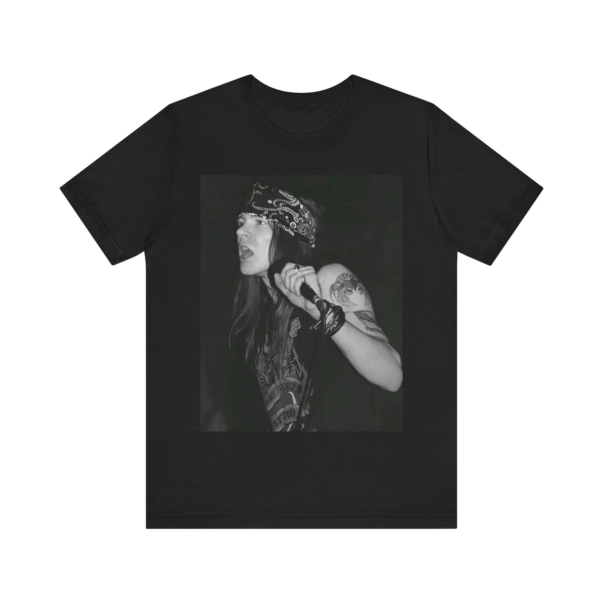 A black graphic t-shirt featuring a black and white portrait photo of the band Guns N' Roses.