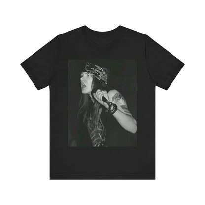 A black graphic t-shirt featuring a black and white portrait photo of the band Guns N' Roses.