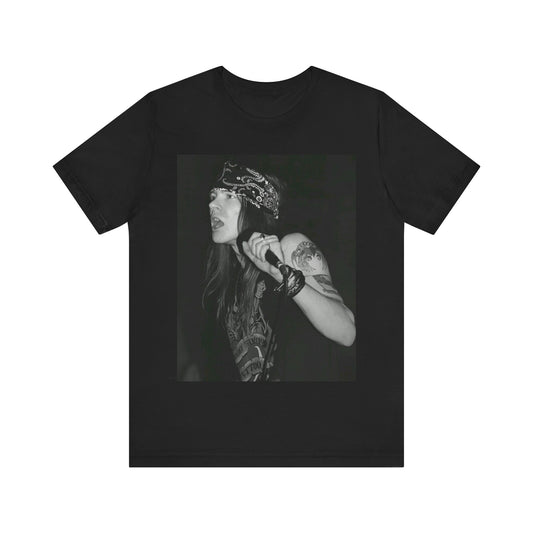 A black graphic t-shirt featuring a black and white portrait photo of the band Guns N' Roses.