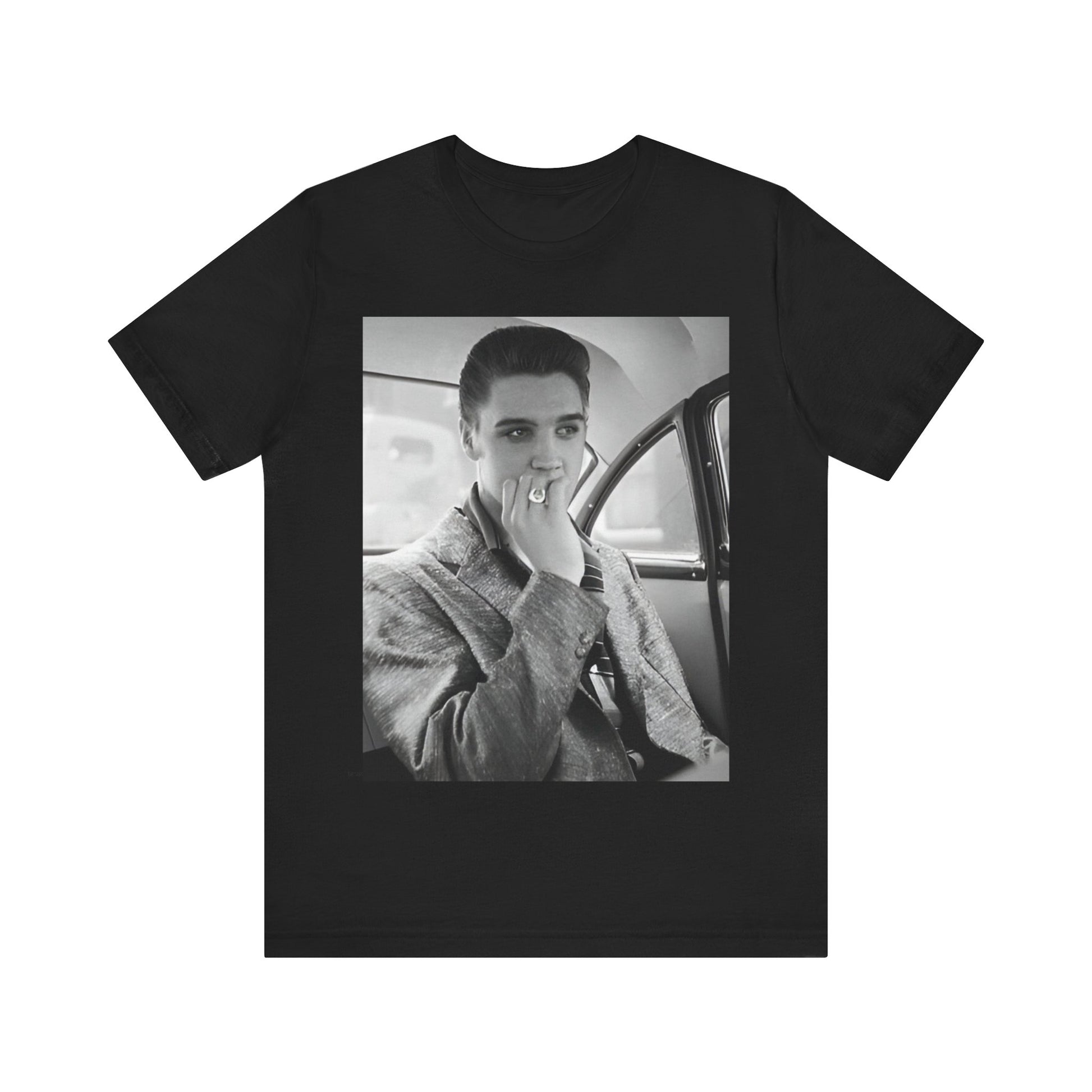 A black graphic t-shirt featuring a classic 50s era graphic of Elvis Presley.