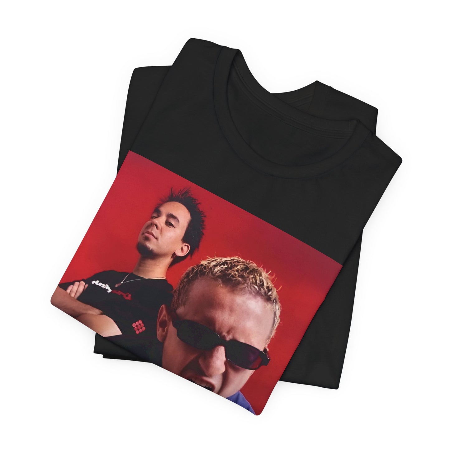 A black graphic t-shirt featuring a 2000s alt-rock aesthetic graphic of Linkin Park.