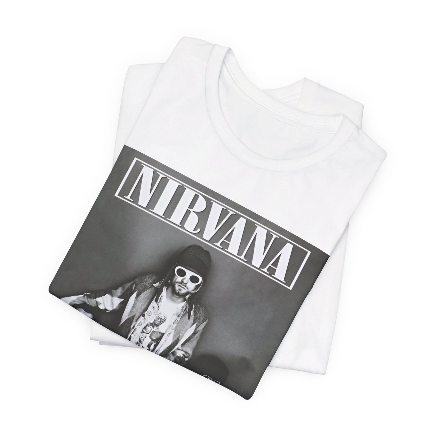 A black graphic t-shirt featuring a 90s rock rebels graphic of Nirvana.