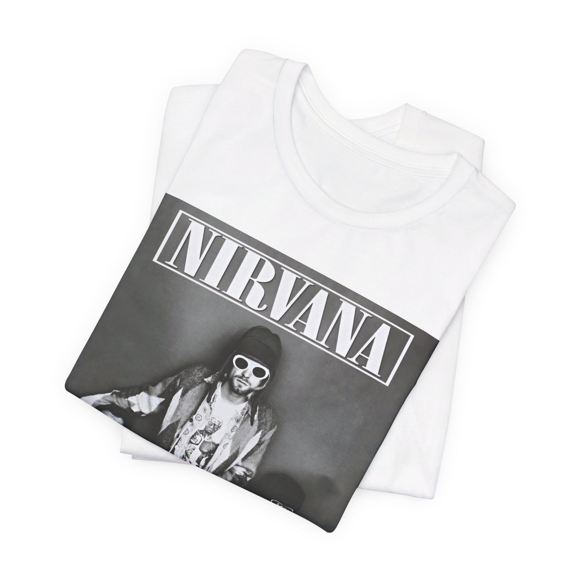 A black graphic t-shirt featuring a 90s rock rebels graphic of Nirvana.