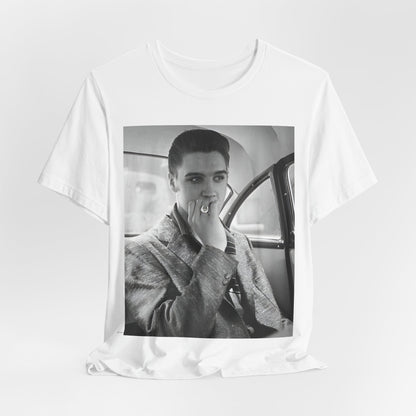 A black graphic t-shirt featuring a classic 50s era graphic of Elvis Presley.