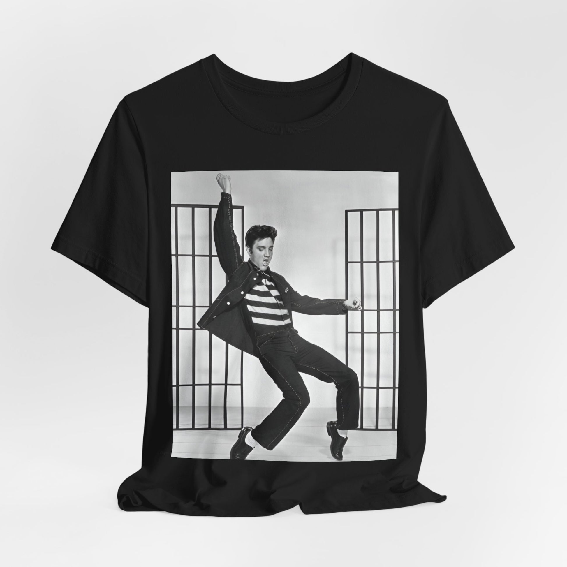 A black graphic t-shirt featuring a graphic related to Elvis Presley's 'Jailhouse Rock' song.