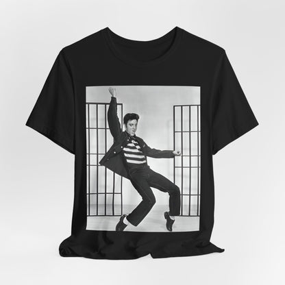 A black graphic t-shirt featuring a graphic related to Elvis Presley's 'Jailhouse Rock' song.