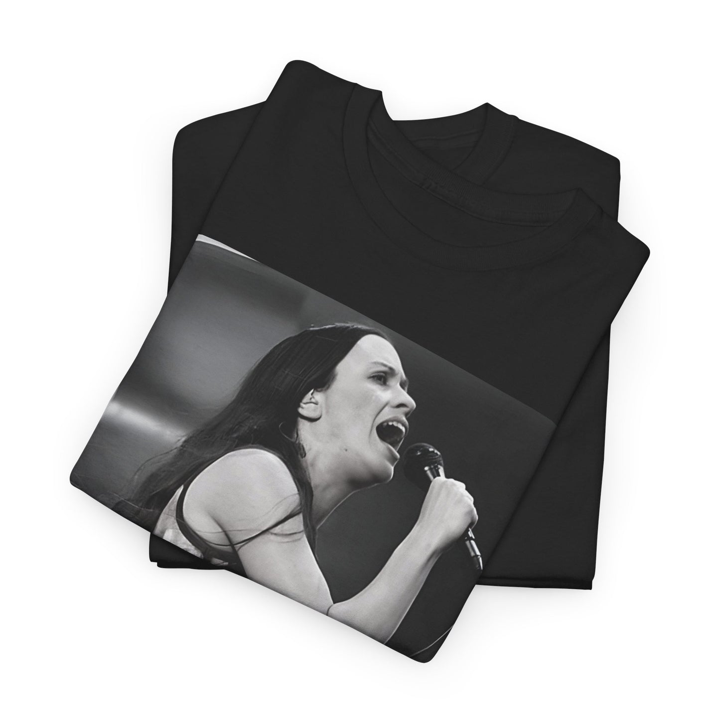 A black graphic t-shirt featuring a concert graphic for Alanis Morissette's 'Jagged Little Pill' Tour from 1995, with tour branding.