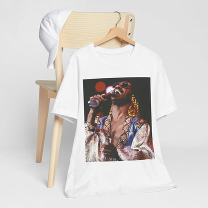 A black graphic t-shirt featuring a 70s vintage soul icon graphic of Stevie Wonder.