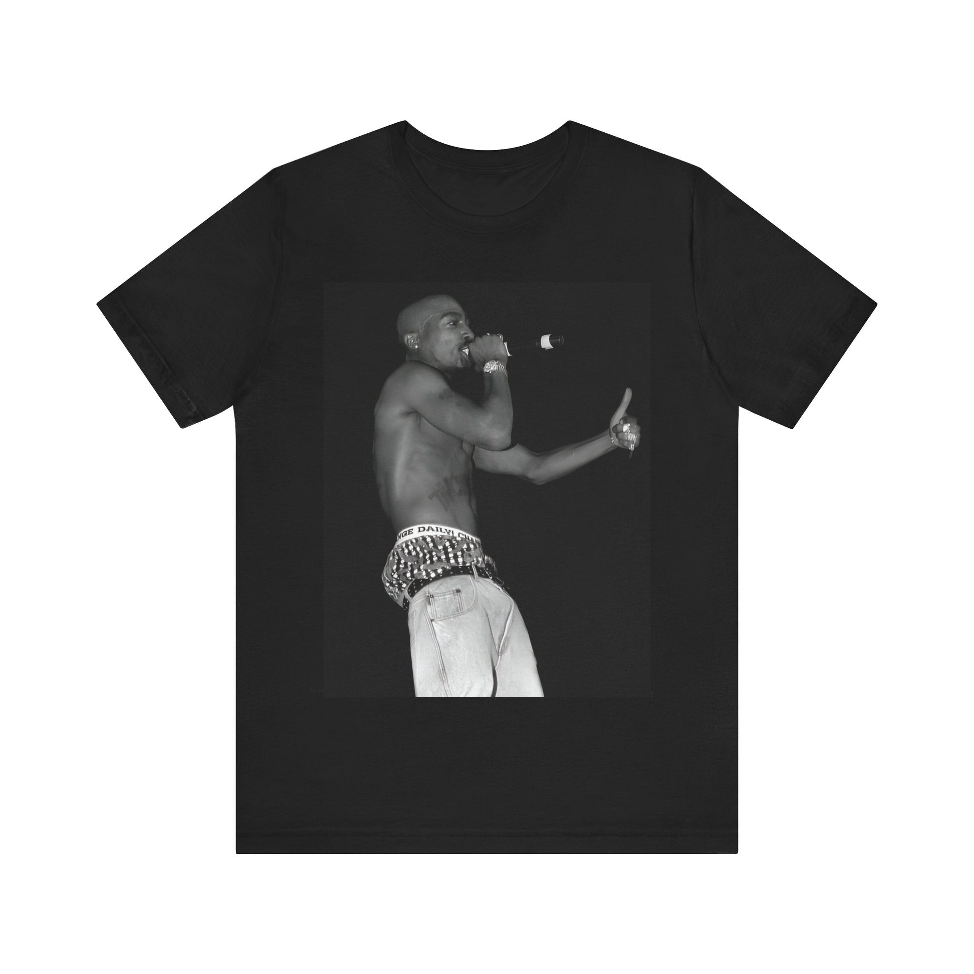 A black graphic t-shirt featuring a graphic of Tupac as a justice fighter.