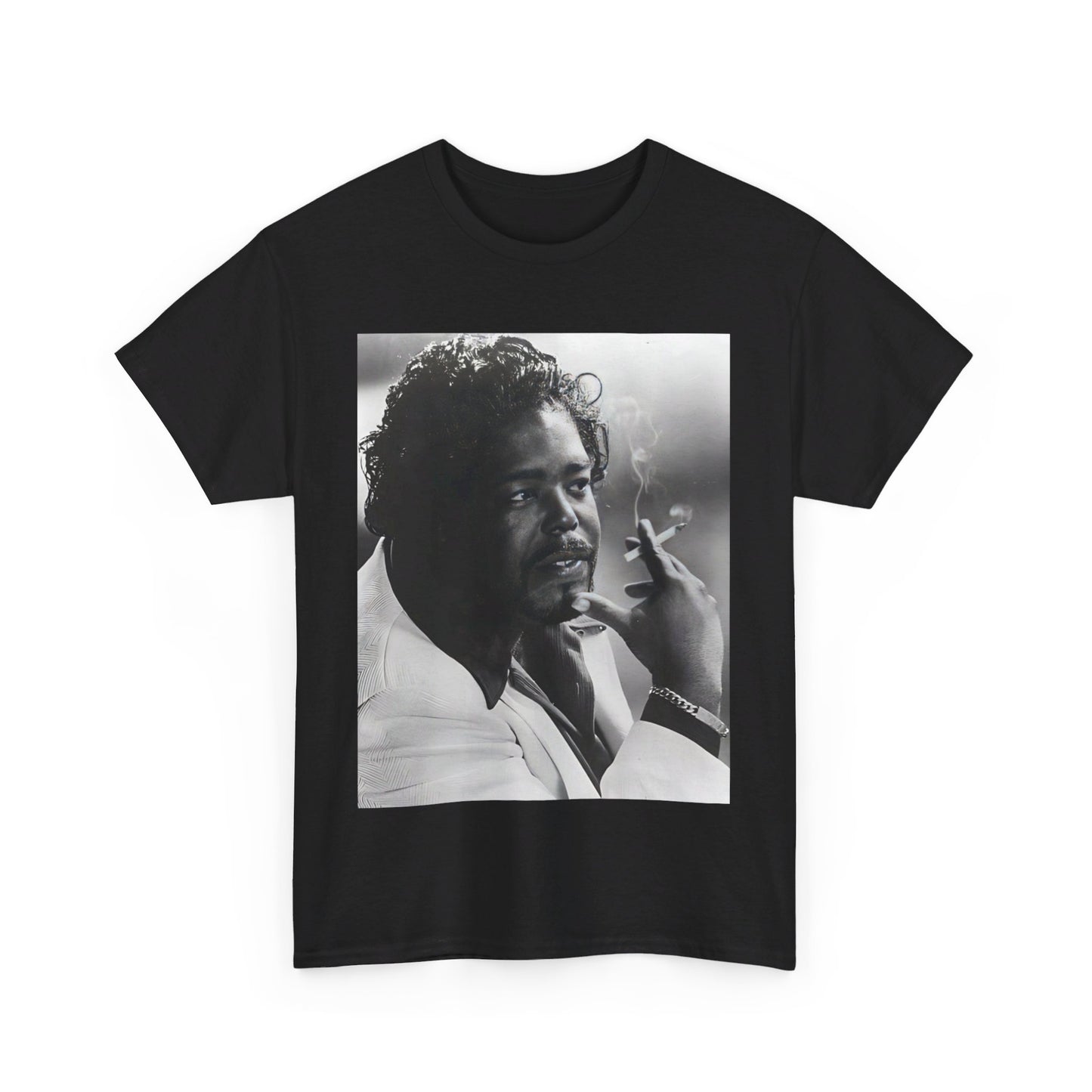 A black graphic t-shirt featuring a black and white graphic or portrait of Barry White from the 1970s.