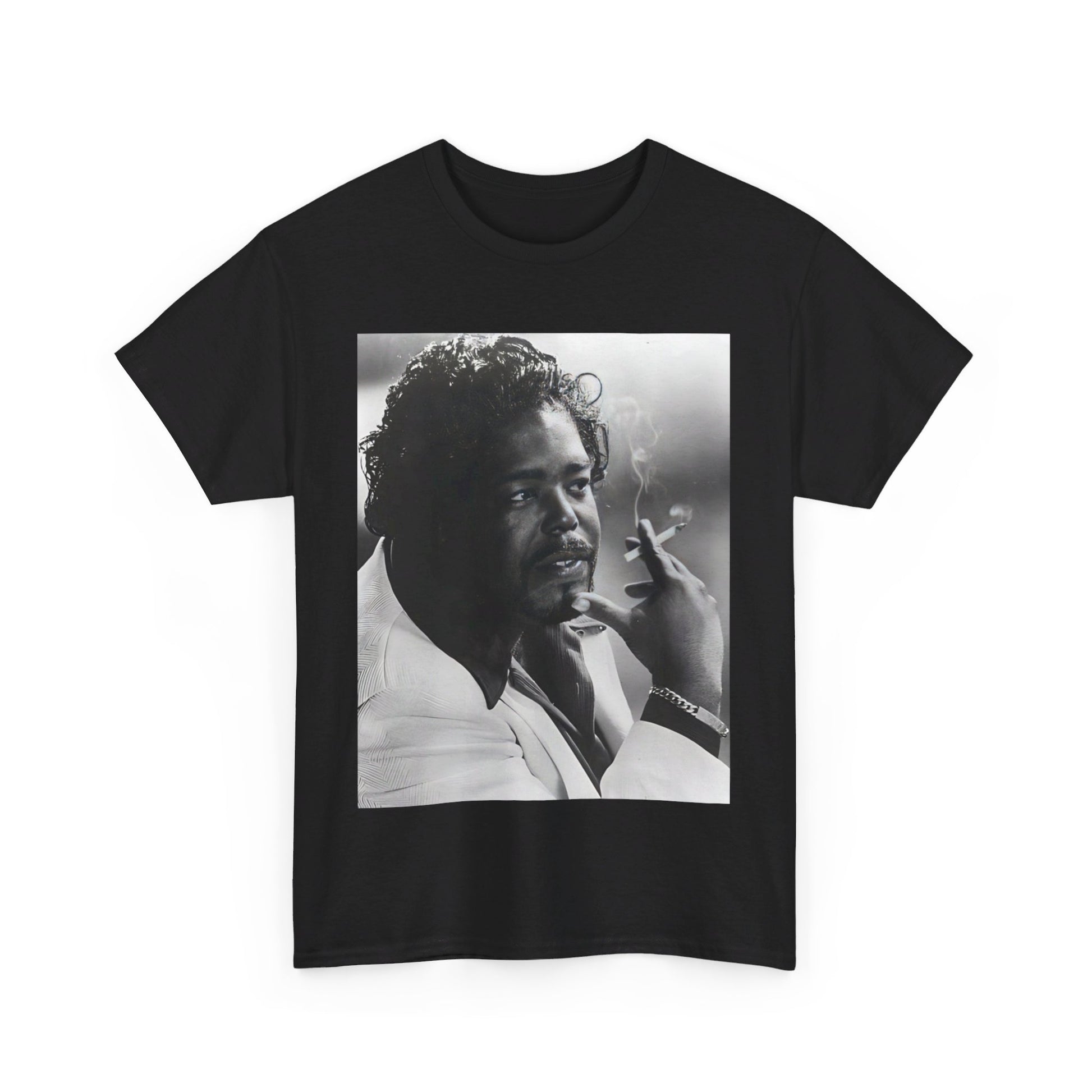 A black graphic t-shirt featuring a black and white graphic or portrait of Barry White from the 1970s.