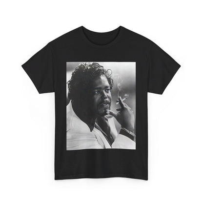 A black graphic t-shirt featuring a black and white graphic or portrait of Barry White from the 1970s.