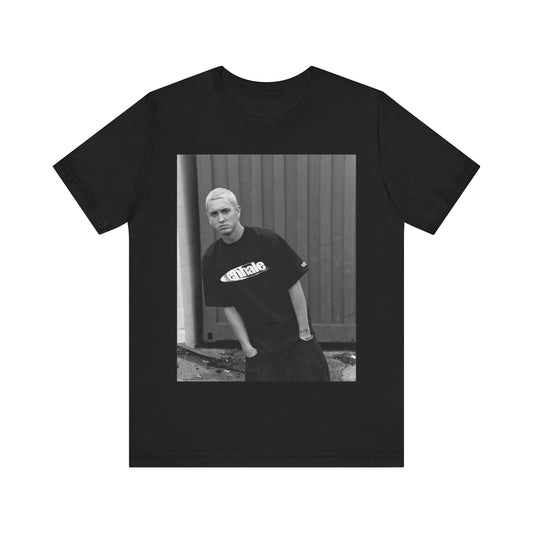 A black graphic t-shirt featuring a graphic of Eminem with a Detroit hip hop aesthetic.