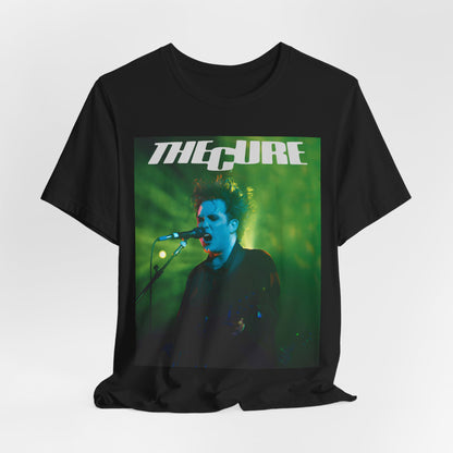 A black graphic t-shirt featuring a graphic or photo of The Cure performing live on stage.