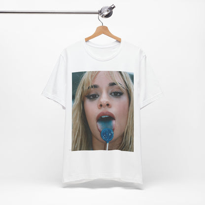 A black graphic t-shirt featuring a graphic related to Camila Cabello's C,XOXO album, with an aesthetic design.