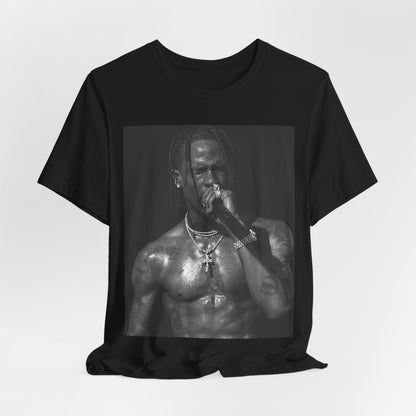 A black graphic t-shirt featuring an underground hip hop graphic of Travis Scott.