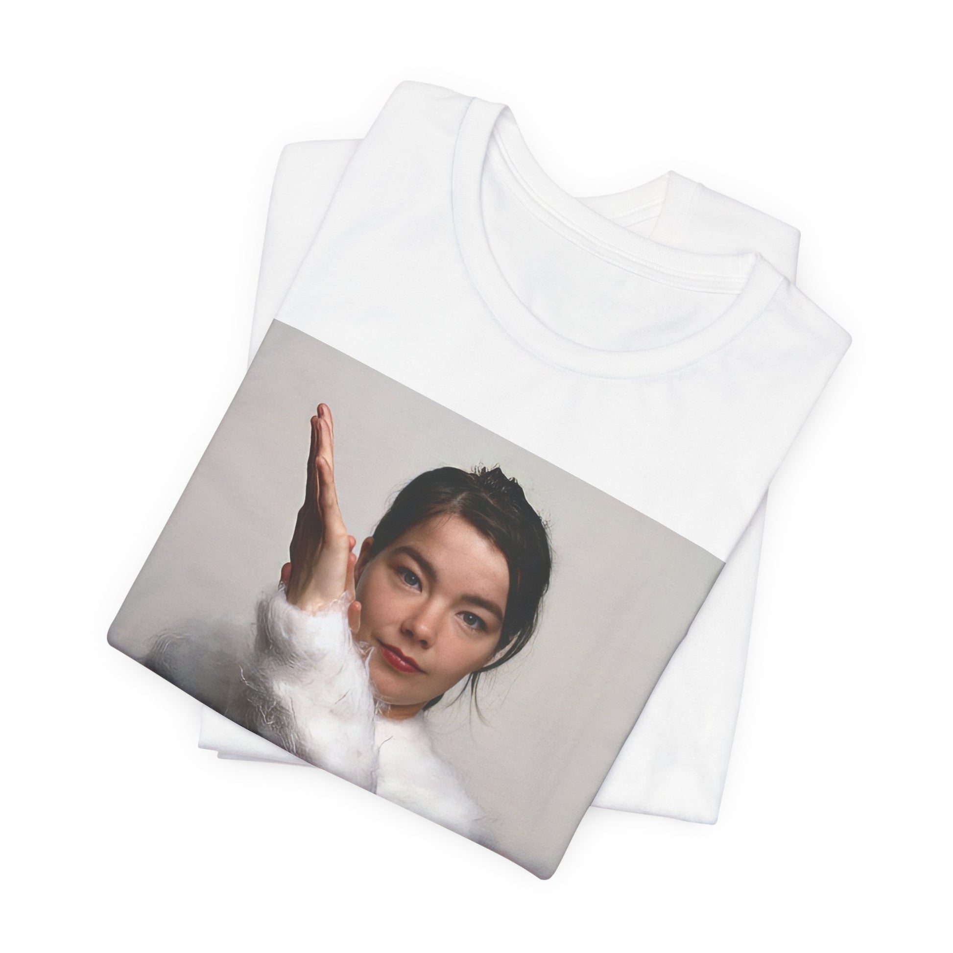 A black graphic t-shirt featuring a classic indie music graphic of Bjork.