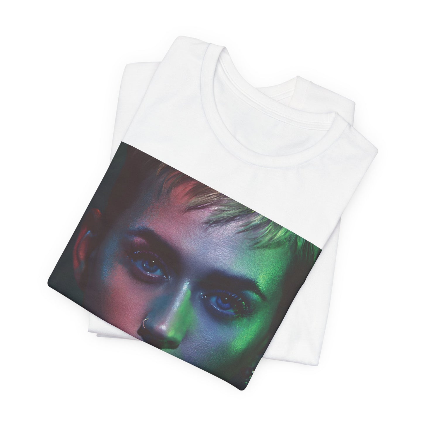 A black graphic t-shirt featuring a neon aesthetic graphic of Katy Perry.