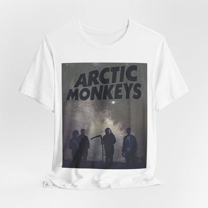 A black graphic t-shirt featuring an artistic or aesthetic graphic of the Arctic Monkeys band.