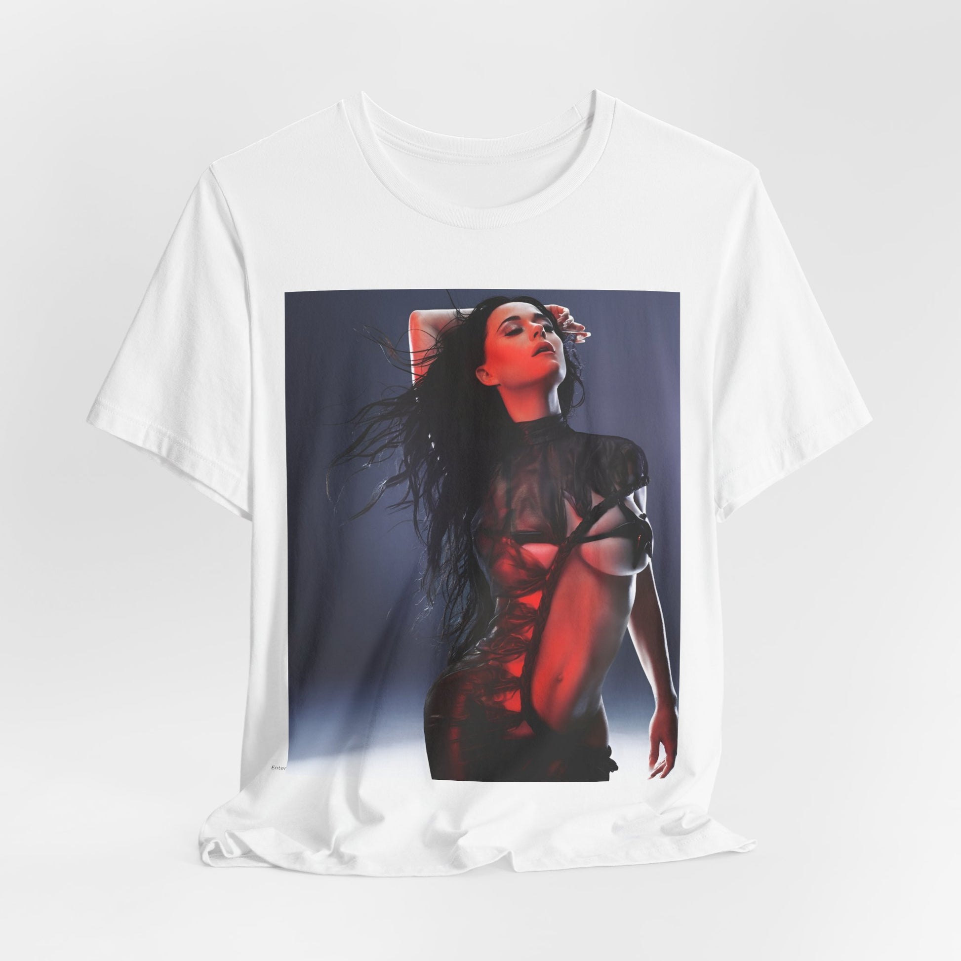 A black graphic t-shirt featuring a dreamy pop fantasy graphic of Katy Perry.