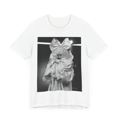 A black graphic t-shirt featuring a black and white, monochrome graphic or photo of Sia.