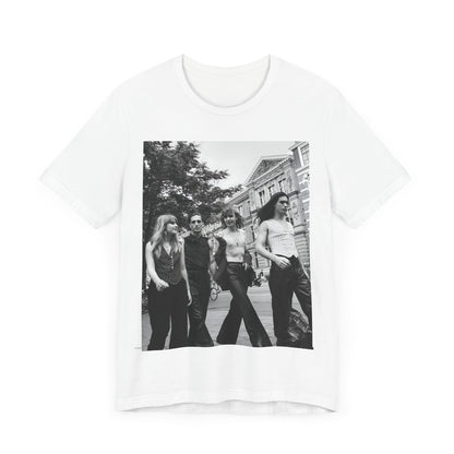 A black graphic t-shirt featuring a retro black and white monochrome graphic or photo of Maneskin.