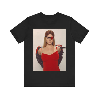 Conceptual photo of Lana Del Rey wearing a red, heart-shaped eyepatch and a leather jacket, printed on a graphic t-shirt.