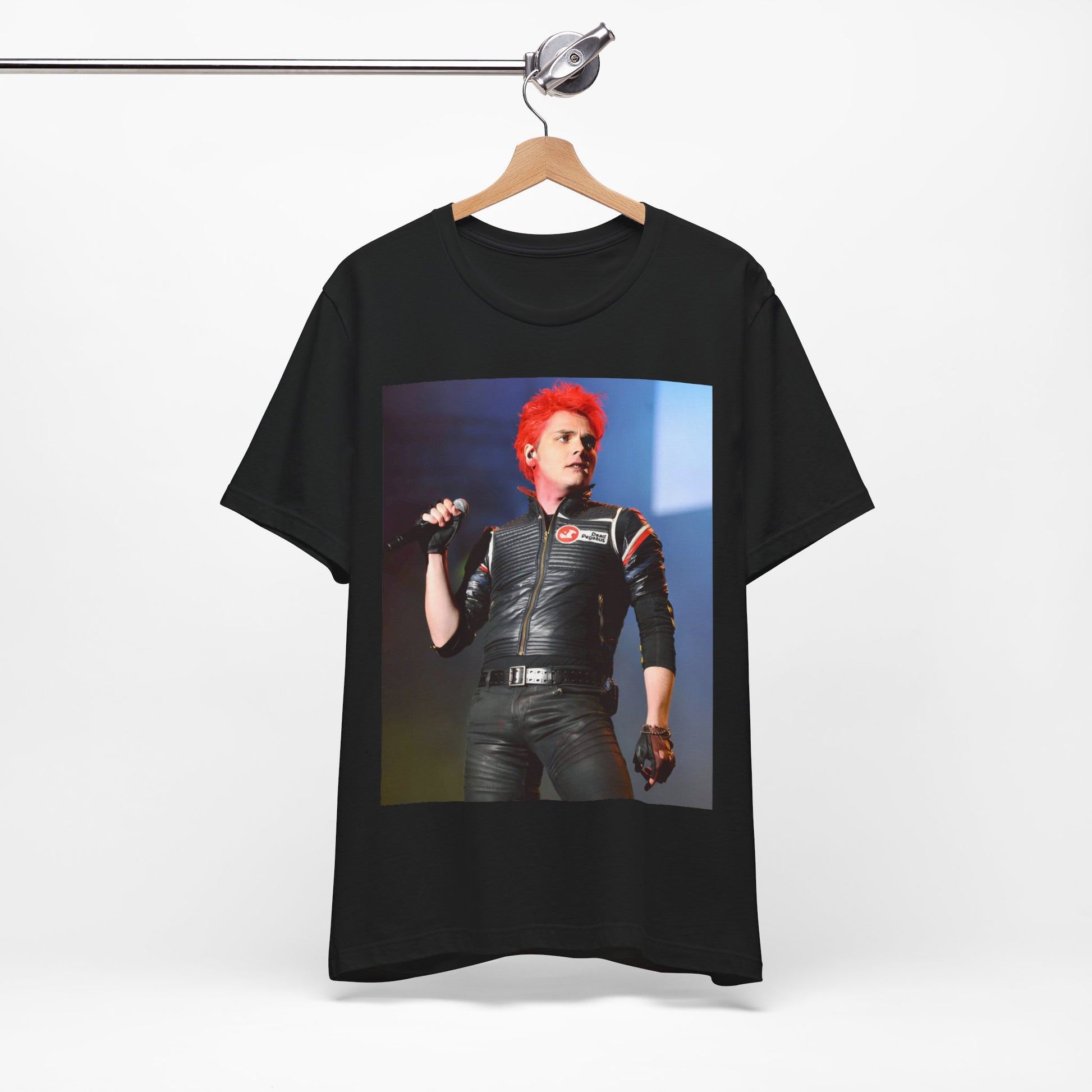A black graphic t-shirt featuring a graphic related to My Chemical Romance's emo revival era.