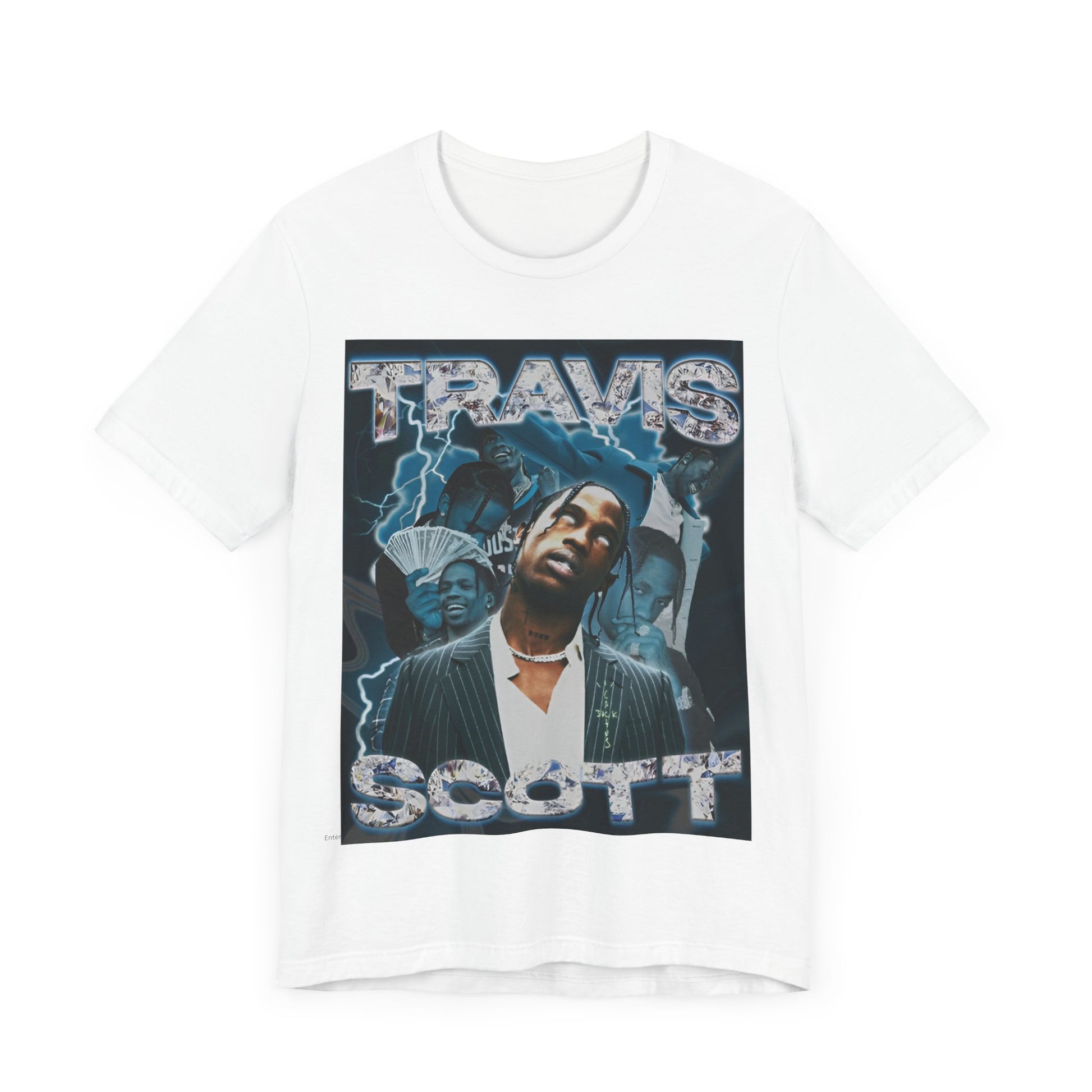 A black graphic t-shirt featuring a 90s bootleg style graphic of Travis Scott.