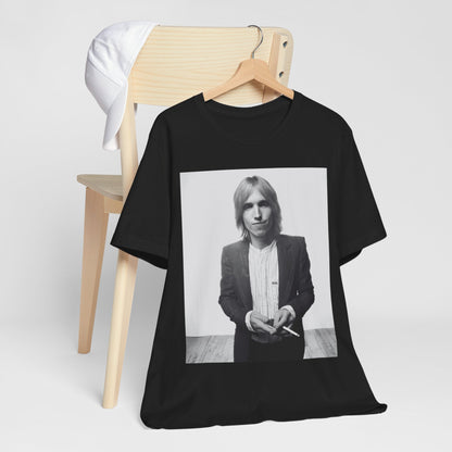 A black graphic t-shirt featuring a graphic of Tom Petty with rock legend vibes.