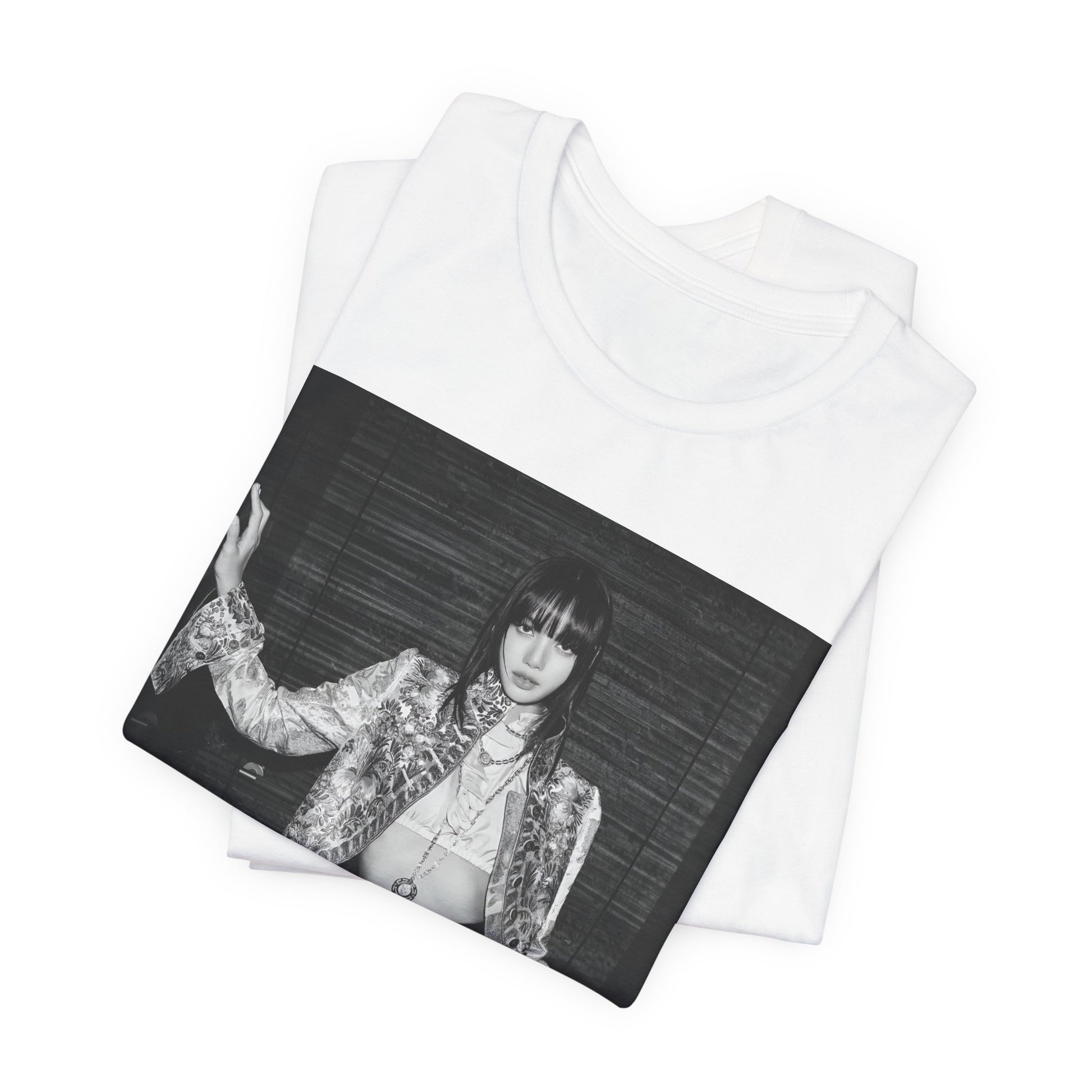 A black graphic t-shirt featuring a black and white, monochrome graphic or photo of Lisa.