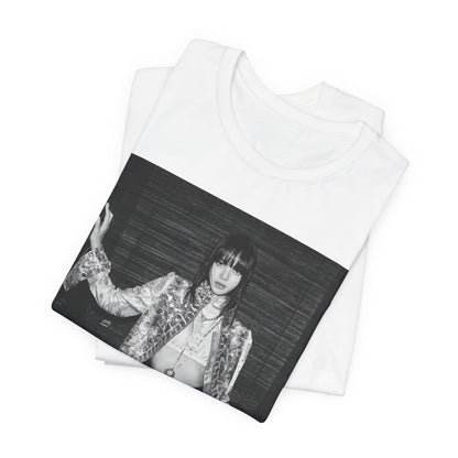 A black graphic t-shirt featuring a black and white, monochrome graphic or photo of Lisa.