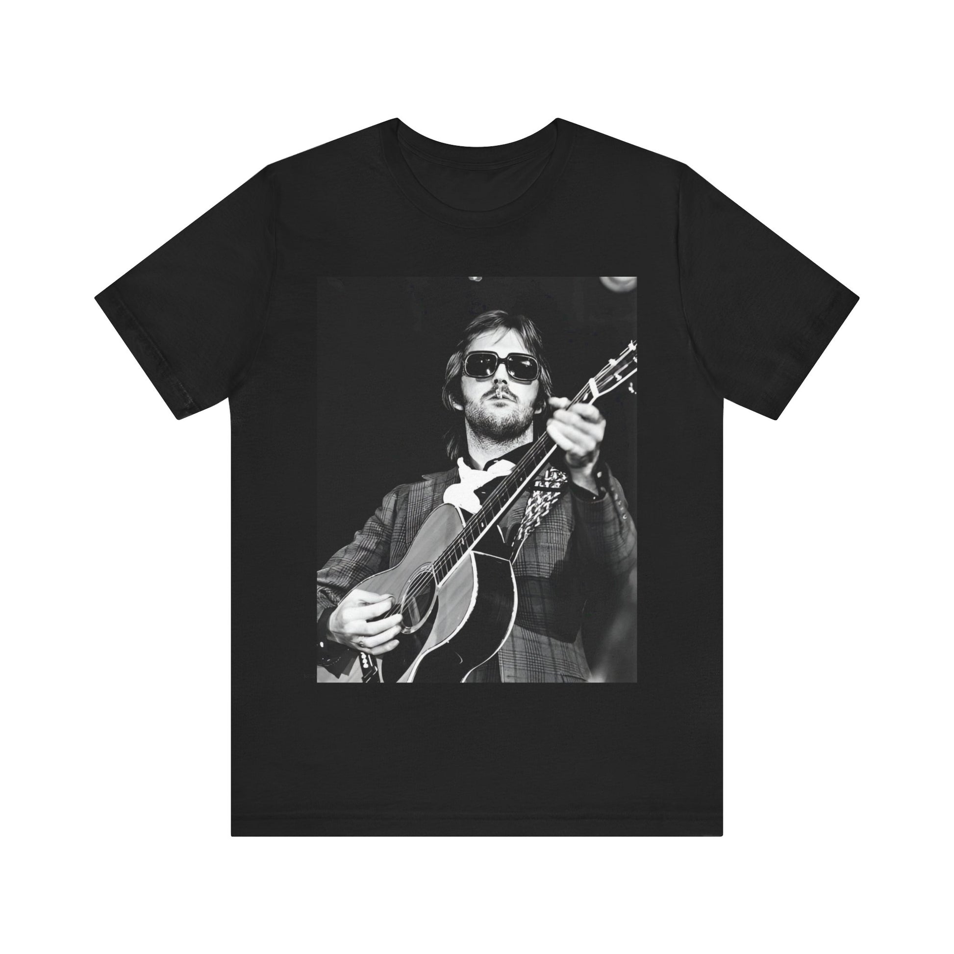 A black graphic t-shirt featuring a graphic of Eric Clapton with a chill blues rock vibe.