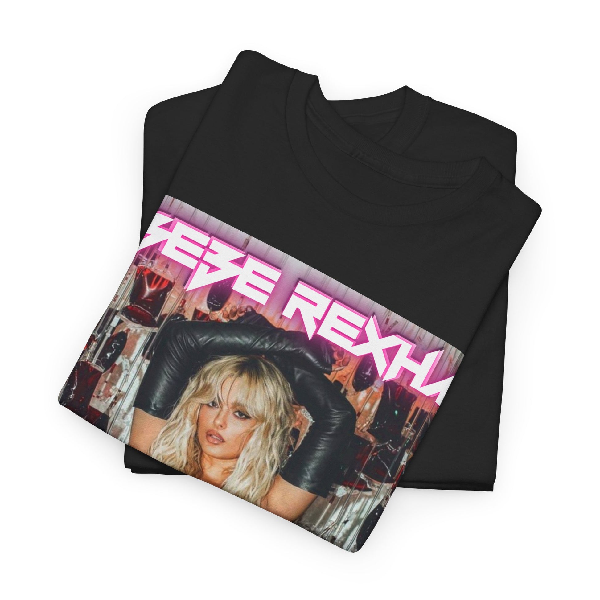 A black graphic t-shirt featuring a photo of Bebe Rexha in a powerful pose, exuding confidence and charisma.