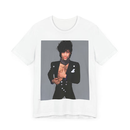 A black graphic t-shirt featuring a 90s vintage funk pop icon graphic of Prince.