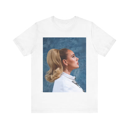A black graphic t-shirt featuring a black and white photo of Adele in a vintage glamorous look, with classic hair and makeup.