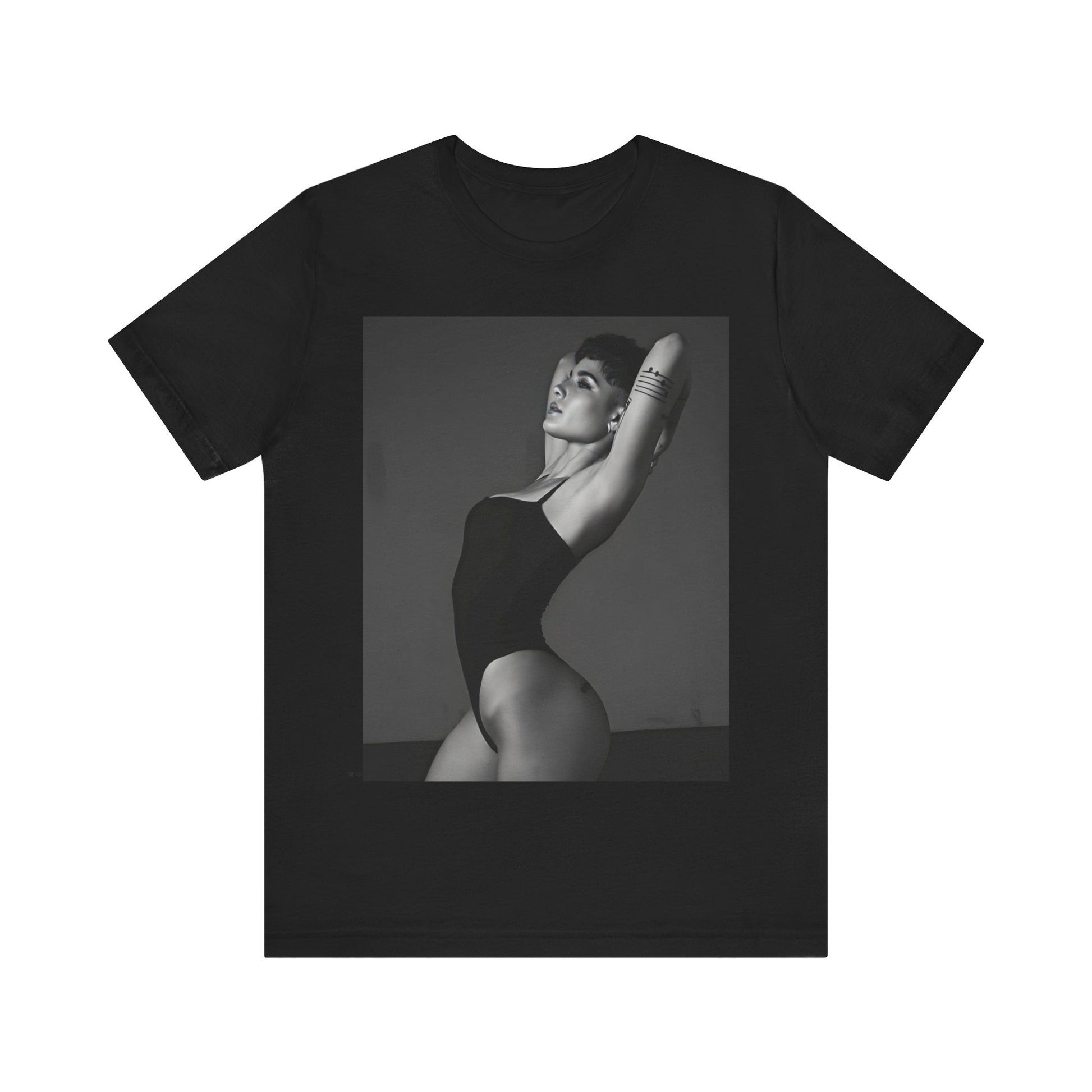 A black graphic t-shirt featuring a black and white, monochrome graphic or photo of Halsey.