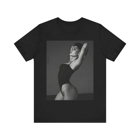 A black graphic t-shirt featuring a black and white, monochrome graphic or photo of Halsey.