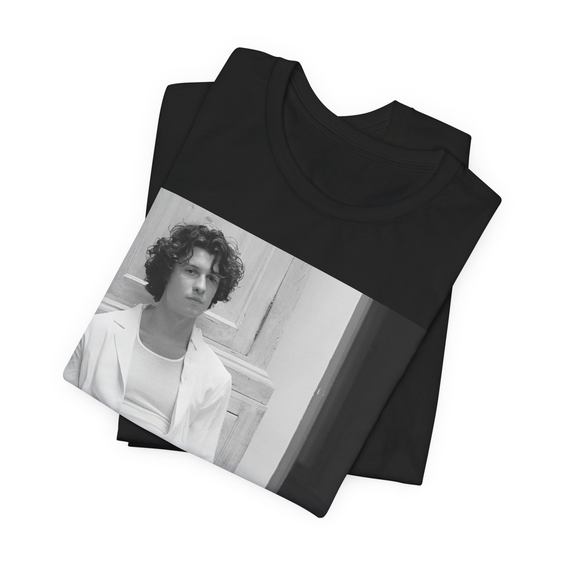 A black graphic t-shirt featuring a vintage casual style graphic of Shawn Mendes.