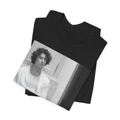 A black graphic t-shirt featuring a vintage casual style graphic of Shawn Mendes.