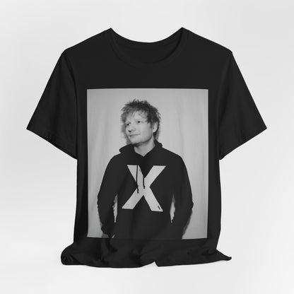 A black graphic t-shirt featuring a black and white graphic related to Ed Sheeran's album 'X'.