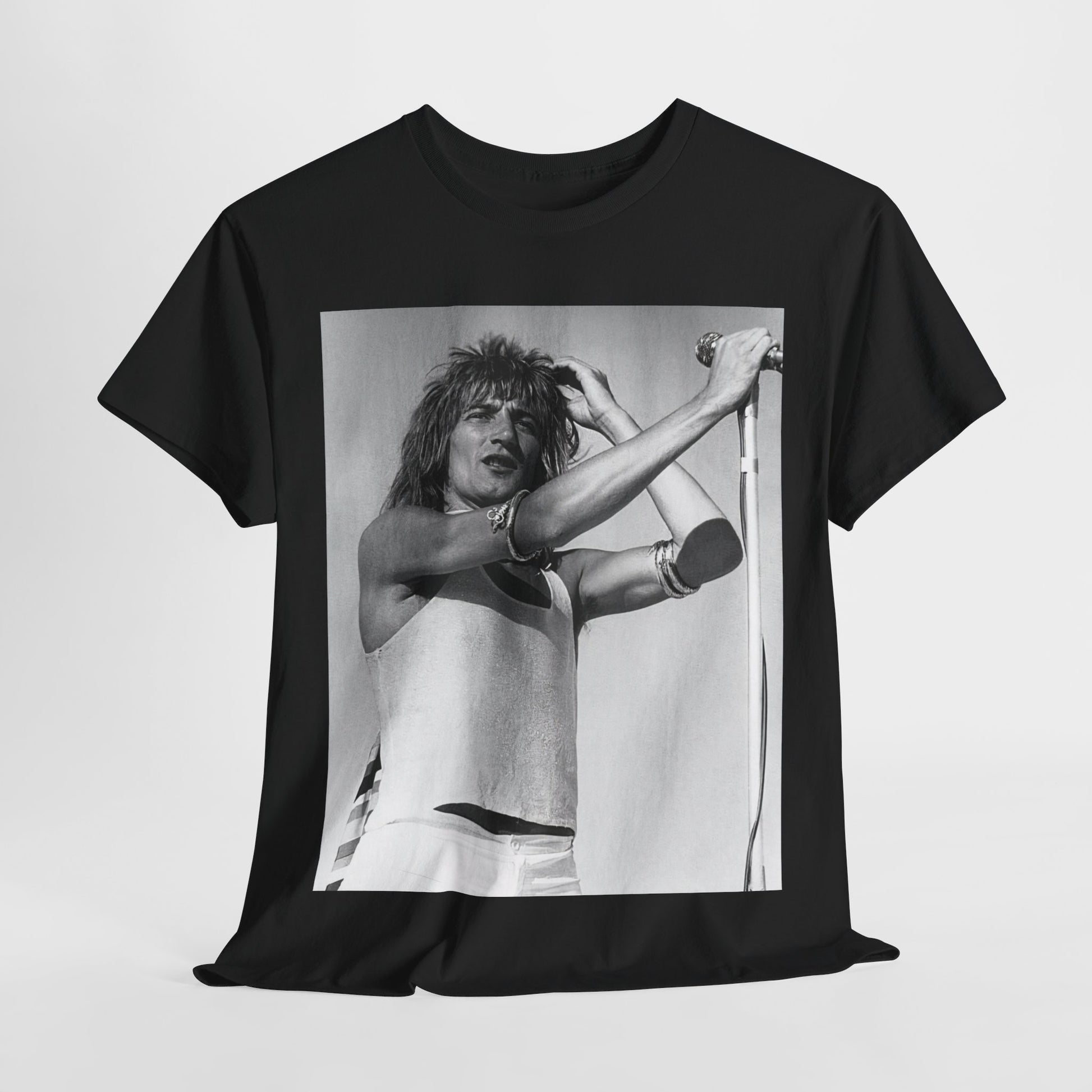 A black graphic t-shirt featuring a vintage black and white graphic or photo of Rod Stewart on tour.
