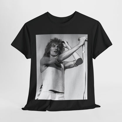 A black graphic t-shirt featuring a vintage black and white graphic or photo of Rod Stewart on tour.
