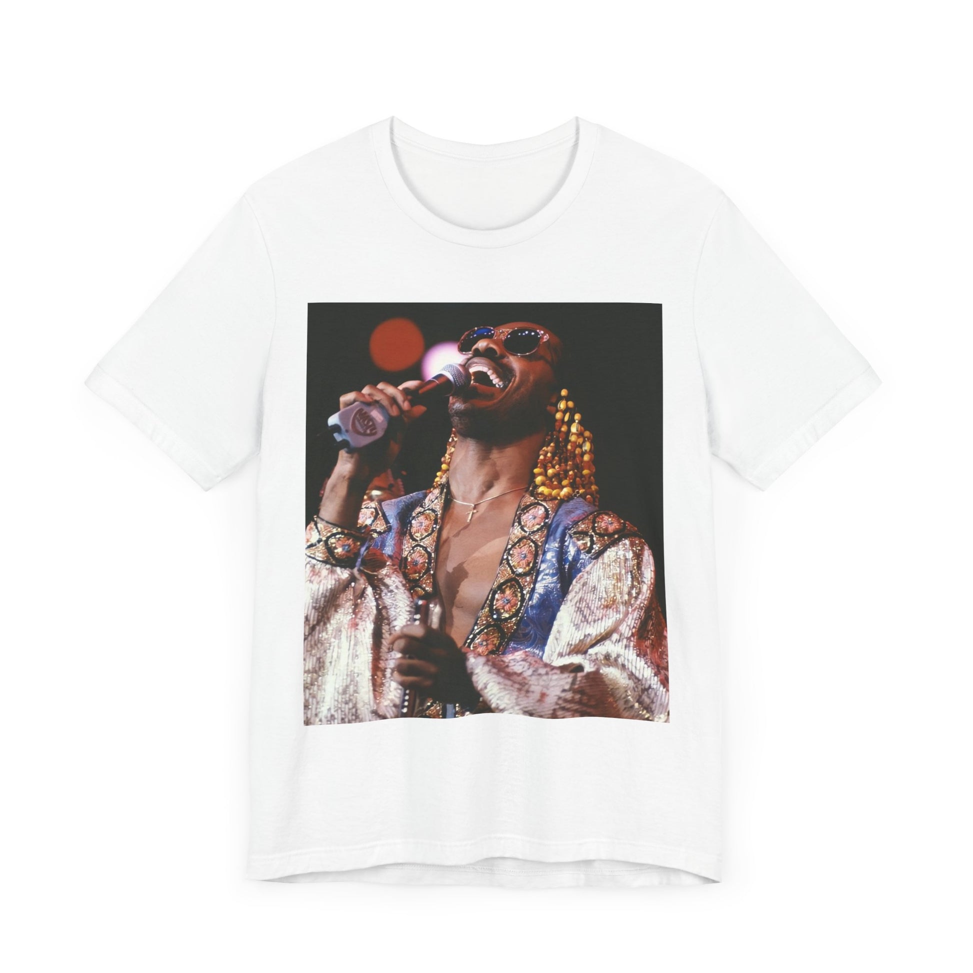A black graphic t-shirt featuring a 70s vintage soul icon graphic of Stevie Wonder.