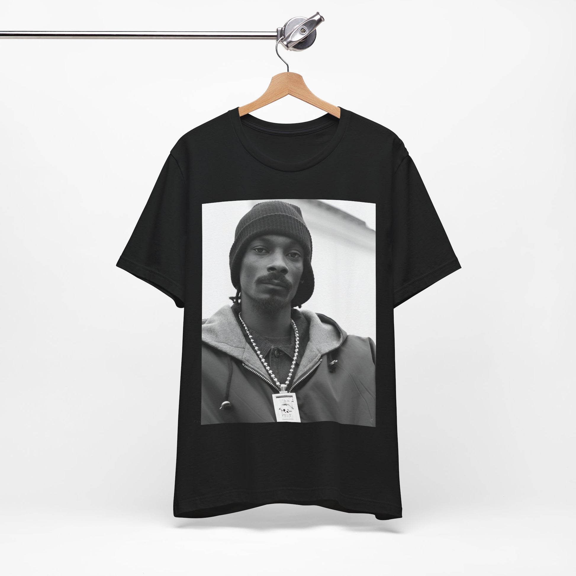 A black graphic t-shirt featuring a black and white, monochrome graphic of Snoop Dogg with an OG cool vibe.