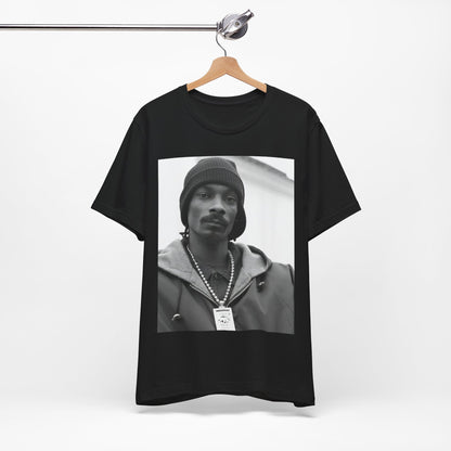 A black graphic t-shirt featuring a black and white, monochrome graphic of Snoop Dogg with an OG cool vibe.