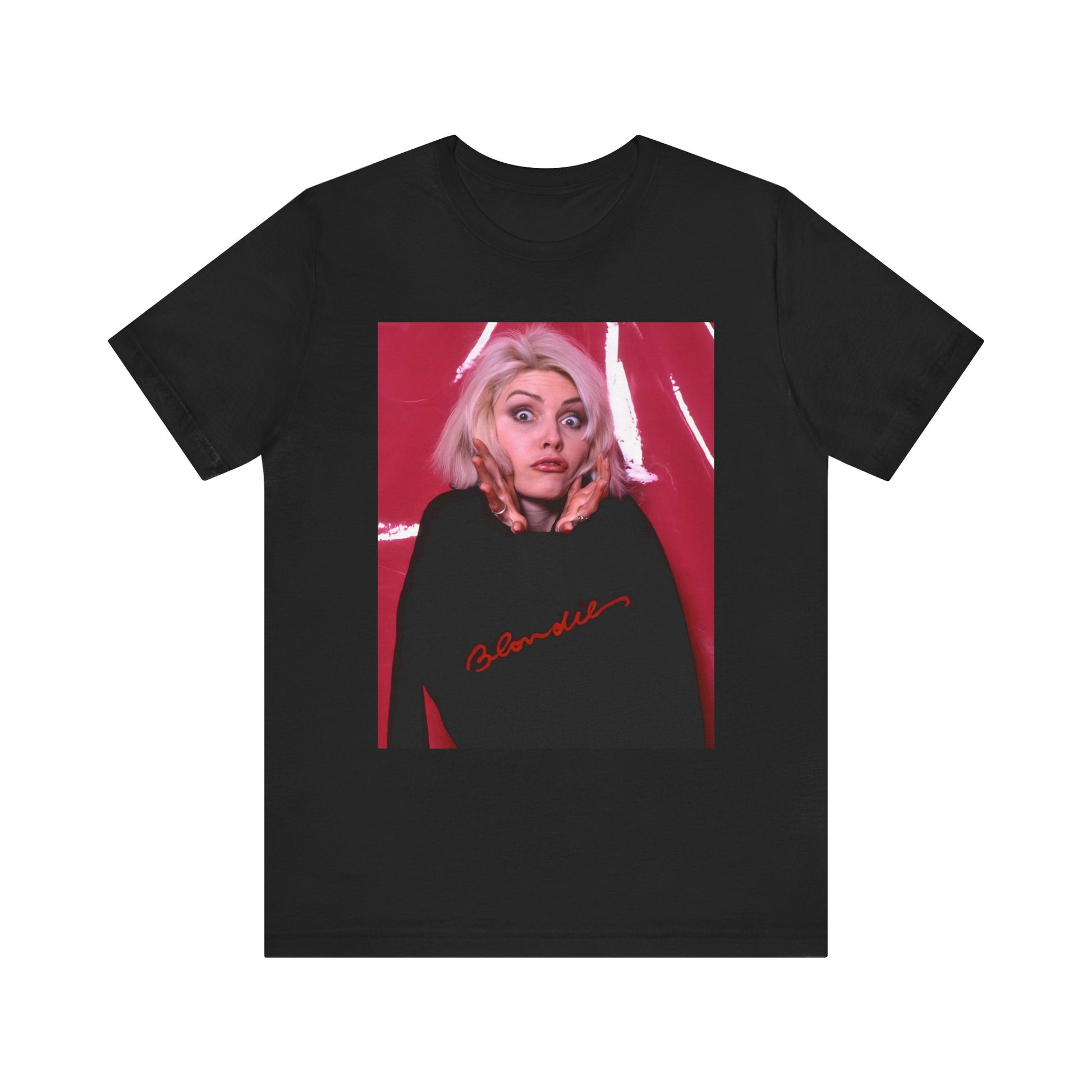 A black graphic t-shirt featuring a graphic related to Blondie's 'Atomic' song or era.